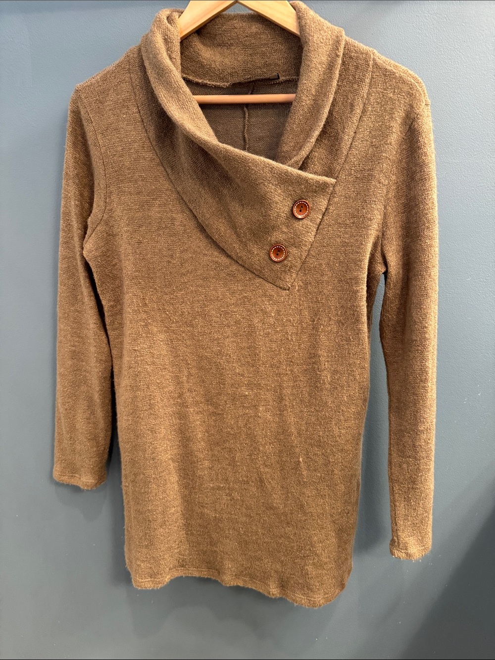 Style Rack Brown Asymmetrical Cowl Neck Sweater with Button Detail